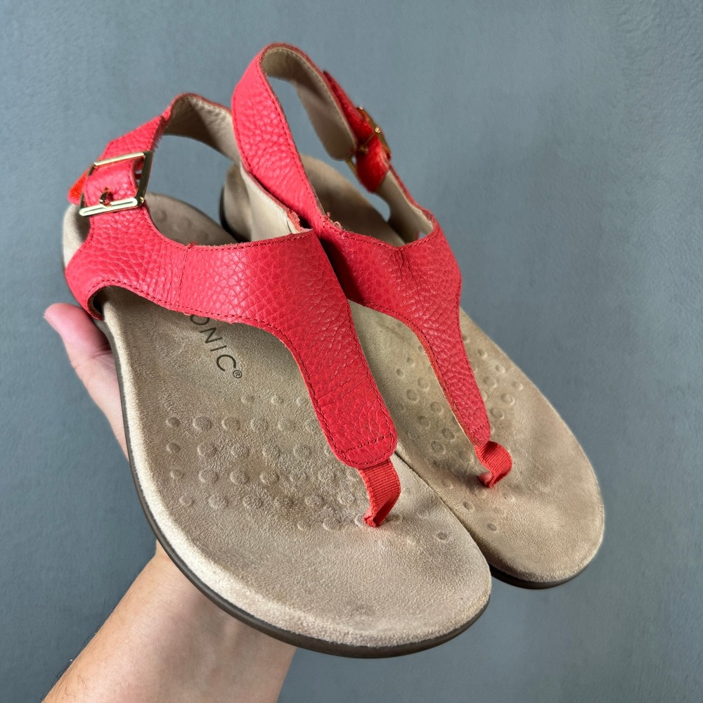 Vionic Terra Coral Red Leather T-Strap Slingback Sandals Women's Size 7